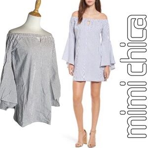 Mimi Chica Blue/White Microstripe Off The Shoulder Bell Sleeve Mini Dress xs